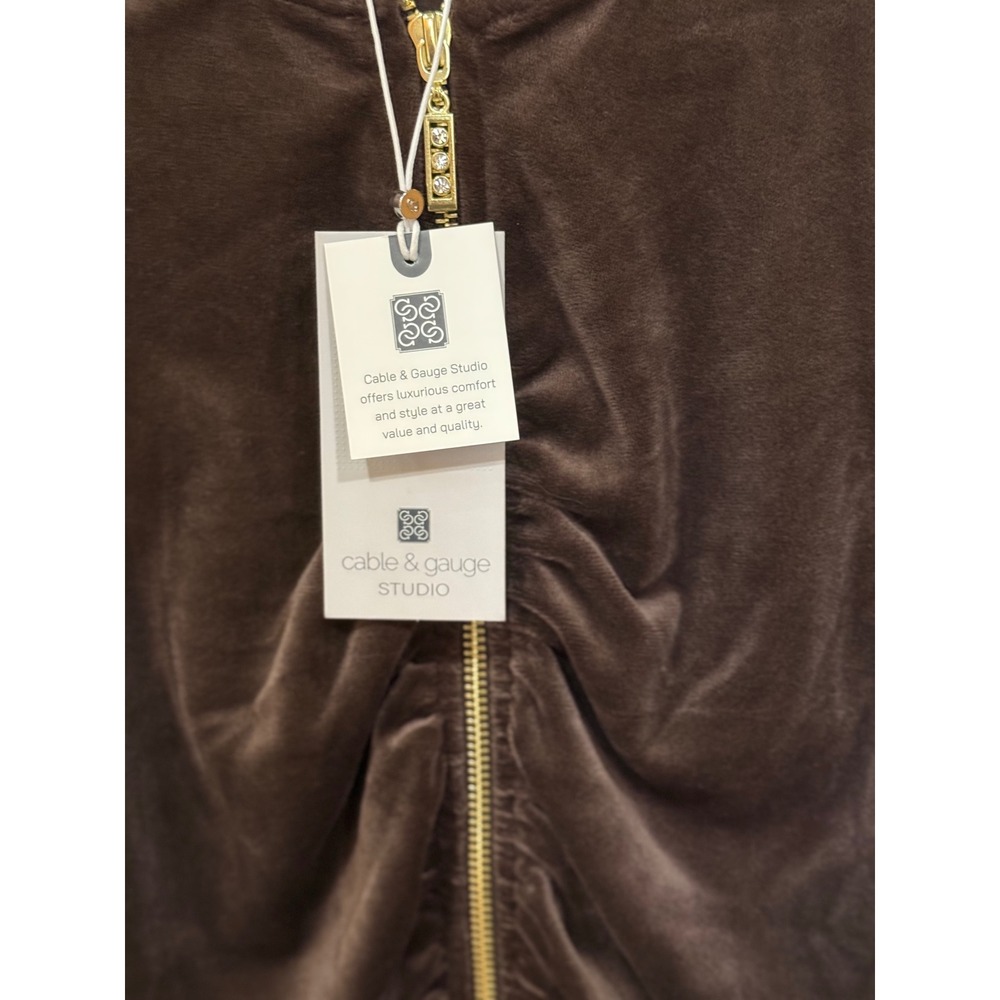 NWT Cable & Gauge Studio Brown Velour Ruched Zip Hoodie Rhinestone Accent Size M - Picture 8 of 8